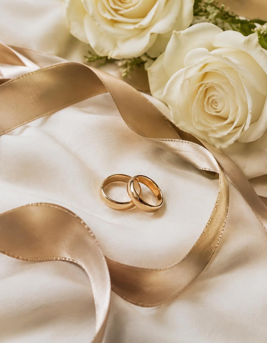 Cincin pernikahan emas di atas sutra dengan mawar putih