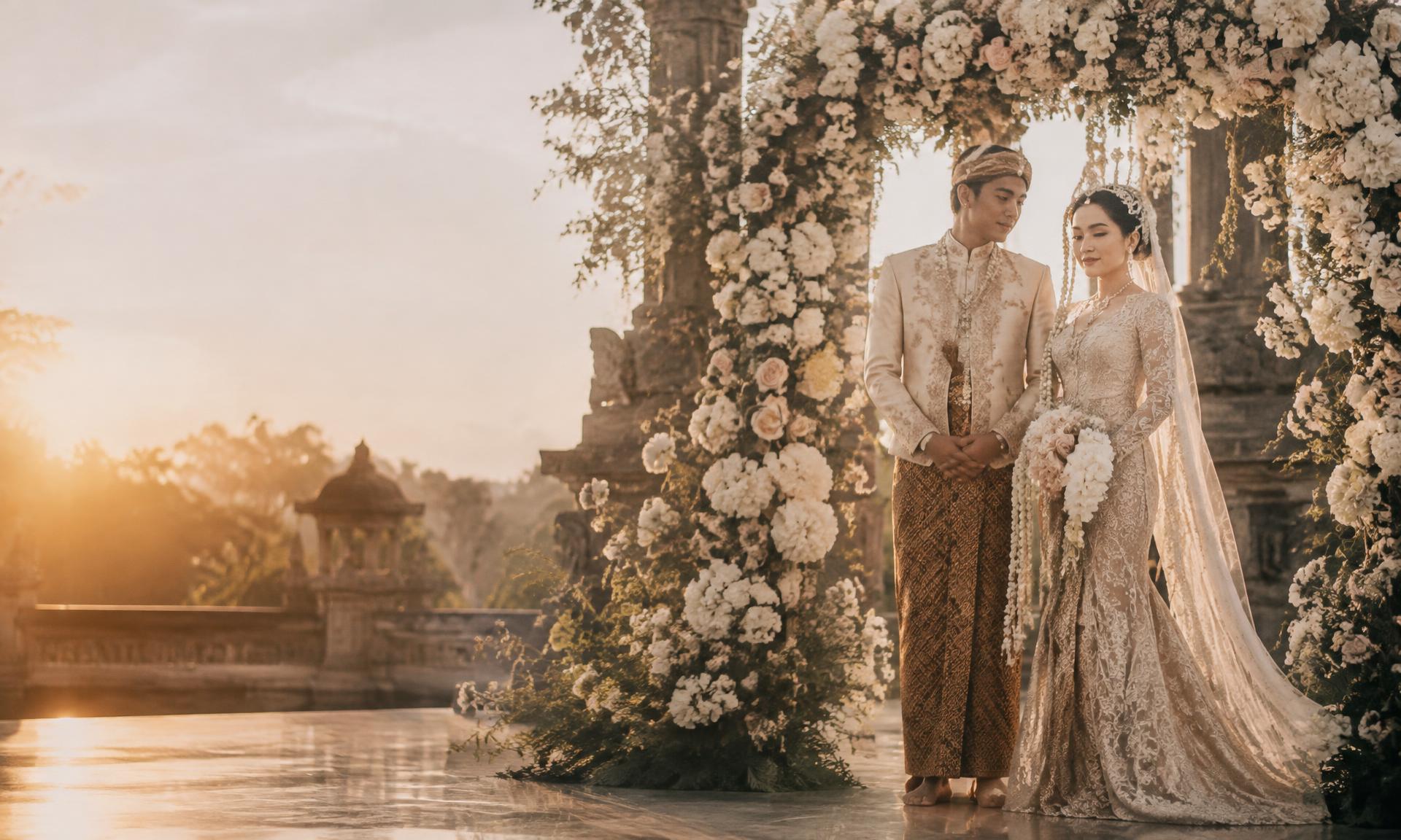 Pasangan pengantin di bawah dekorasi bunga saat golden hour